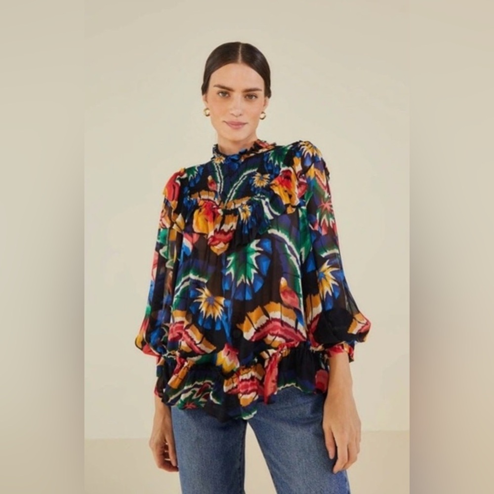 NWOT Farm Rio Black Chevron Forest Blouse M